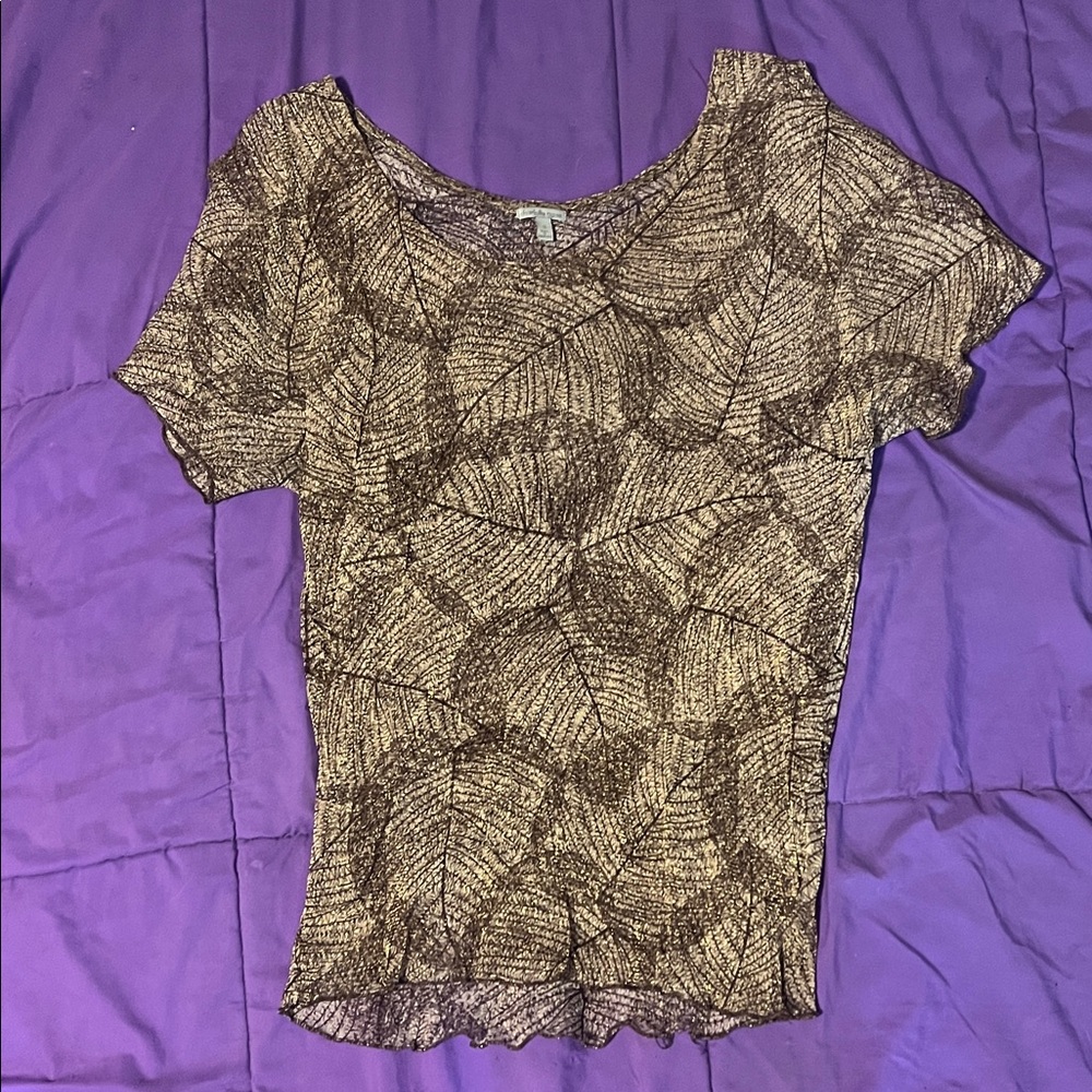 Charlotte Russe Brown Leaf Pattern Short Sleeve Top
